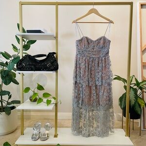 Self-portrait Elegant Gray Floral Lace Midi Dress